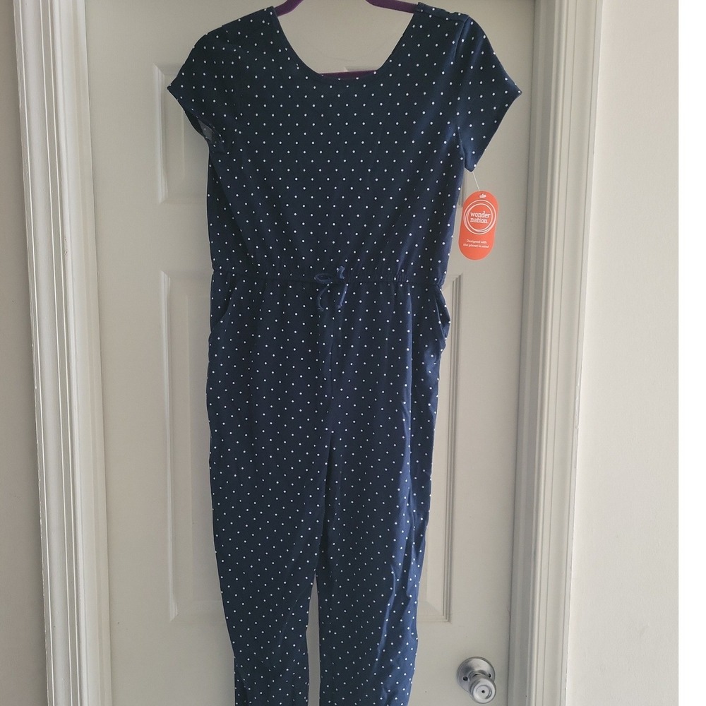 Wonder Nation Girls Navy Blue Polka Dot Jumpsuit XL 14-16 NWT - Picture 1 of 8